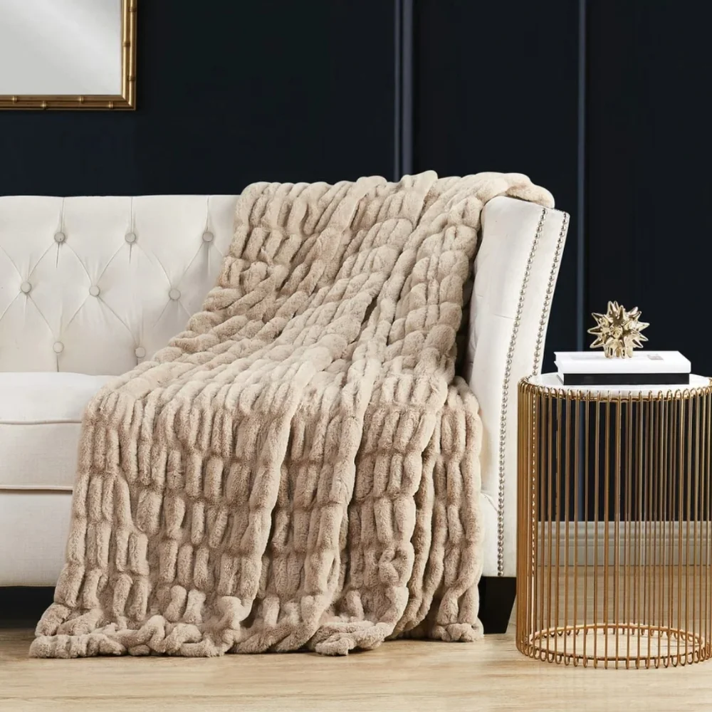 Badgley Mischka Home Ruched Faux Rabbit Fur 50x70 Throw in Gift Box - Tan - Picture 1 of 4